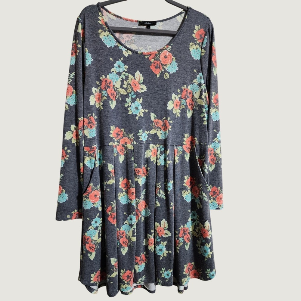Andree by Unit Floral Pleated Pocket Dress 1X Gray